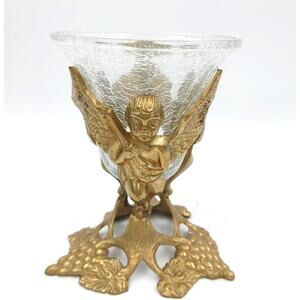 Vintage Crackle Glass Bowl Brass Stand Grape 3 Angel Cherubs 6"